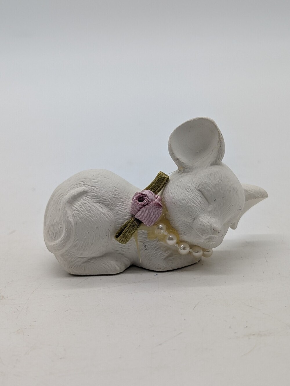 Vintage Miniature White Mouse Figurine with Faux Pearls & Pink Rose 2.5” Bisque